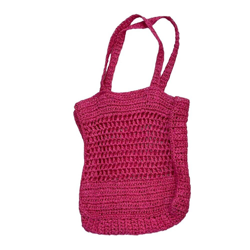 Old Navy Pink Straw Beach Tote / Pool Tote Open Weave